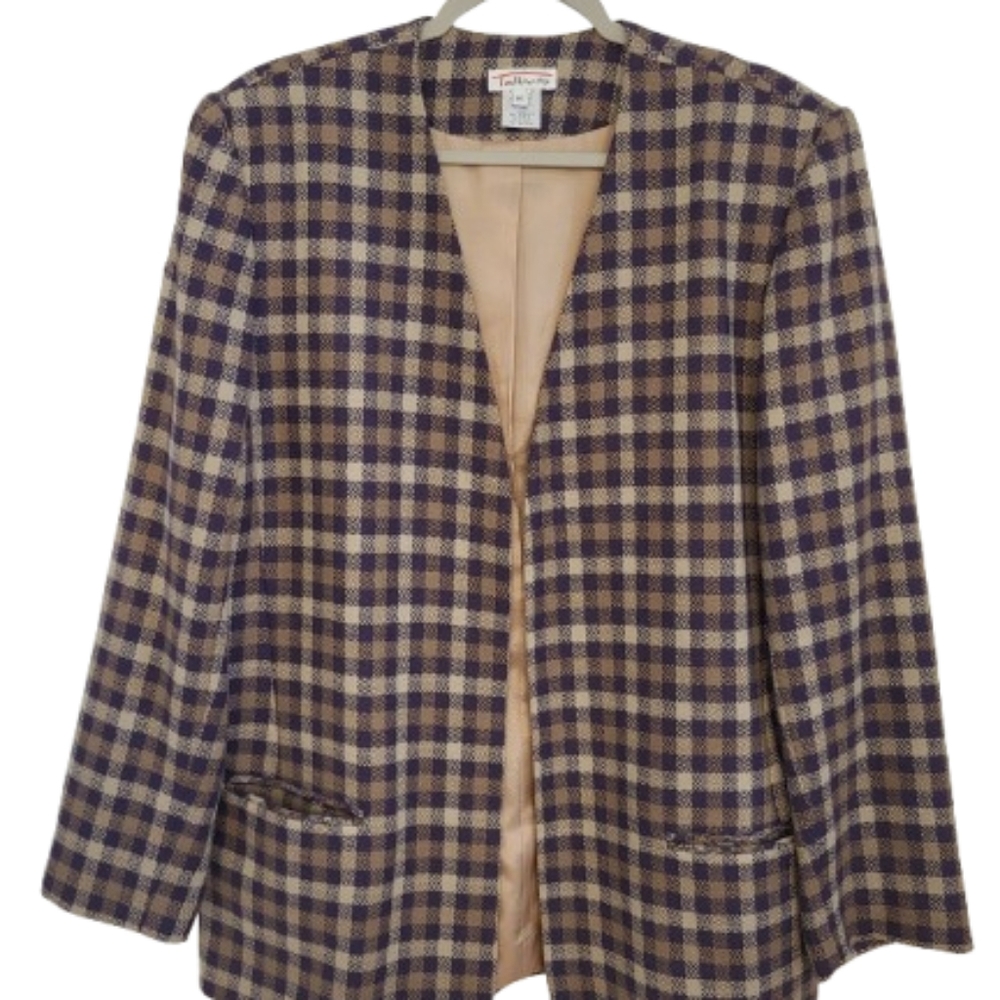 Talbots Wool Blazer Brown Purple Checkered Collarless Lined Women's Size‎ 16